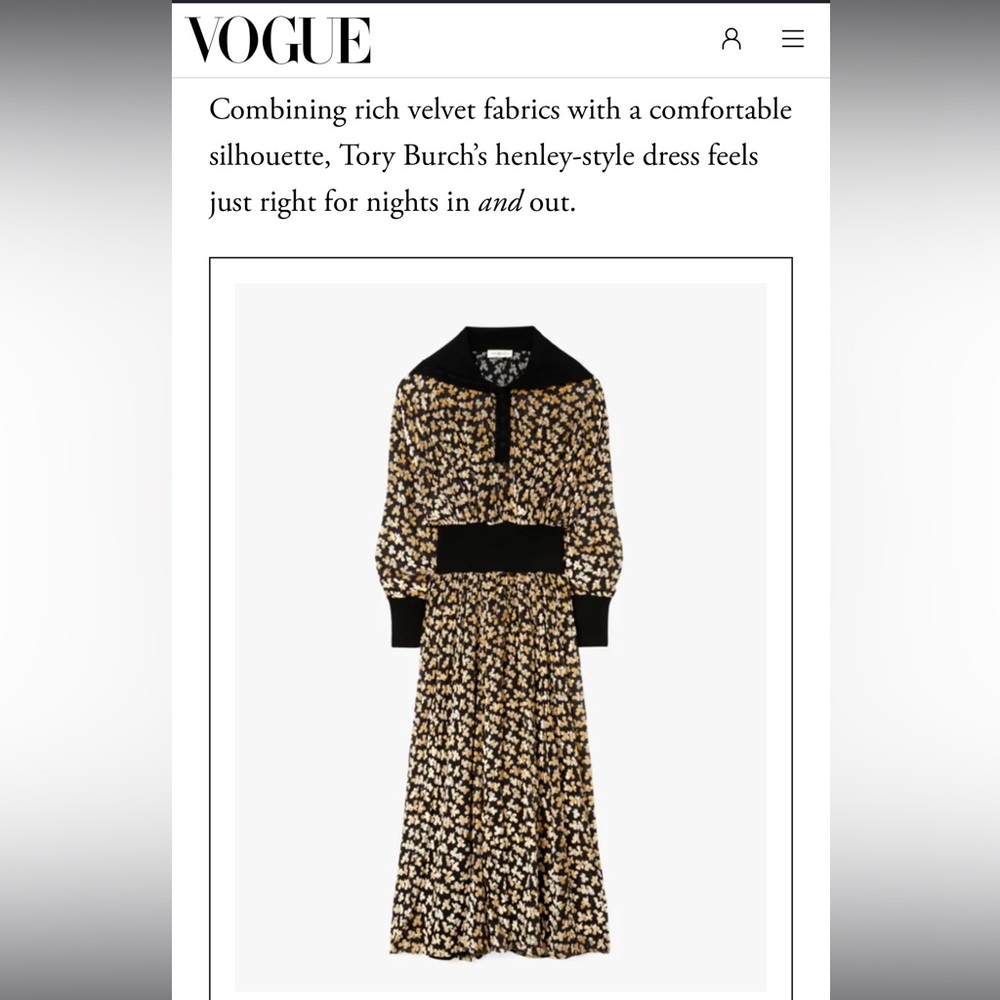 VOGUE MAGAZINE Tory Burch velvet devore midi dress black 12 gold leaves